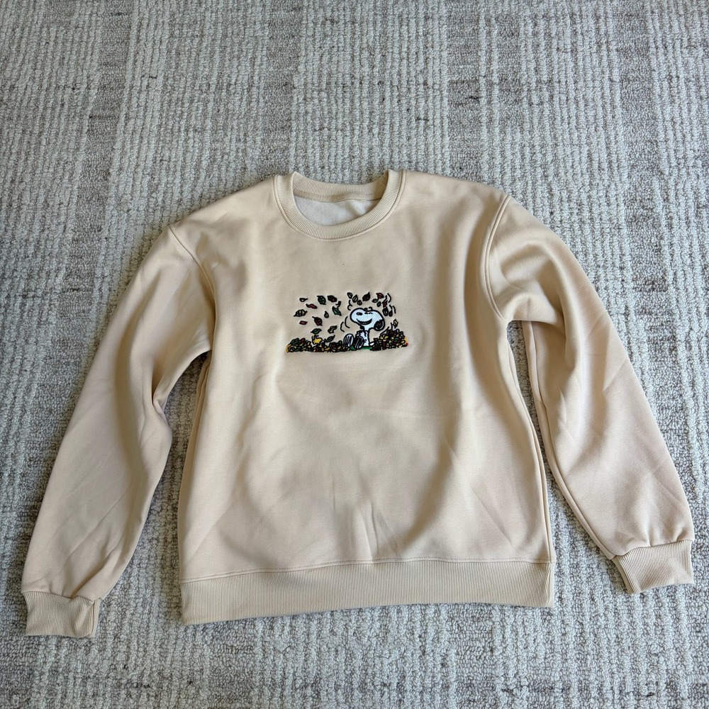 Peanuts Snoopy Embroidered Autumn Leaves Beige Crewneck Sweatshirt Fall Tan